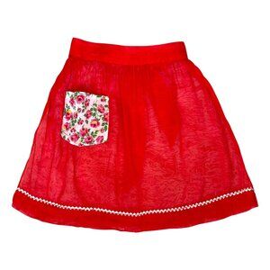 Vintage Hostess Half Apron Nylon Sheer w Floral Pocket & Ric Rac Trim Handmade